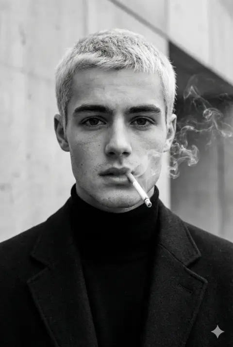 Hyper-realistic fashion male model portrait in black and white smoke
