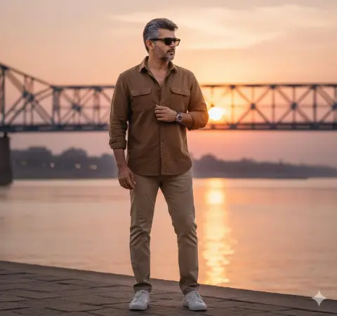 Hyper-realistic fashionable man by the sunset river