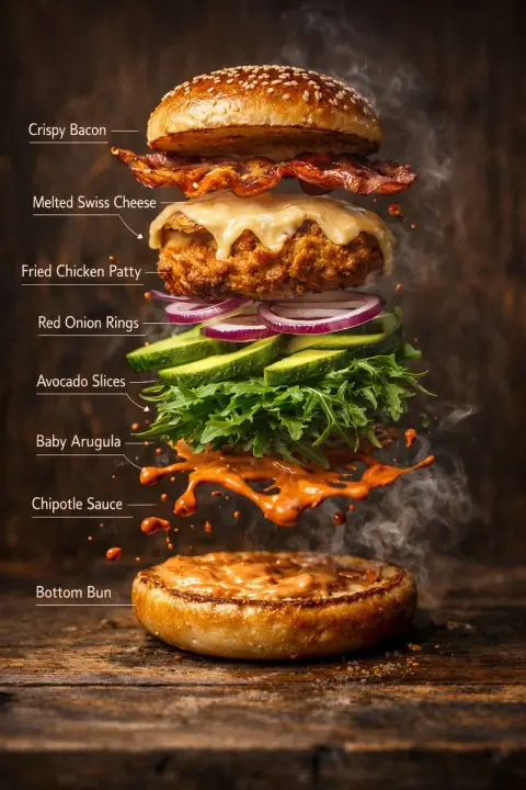 Hyper-realistic floating burger food infographic