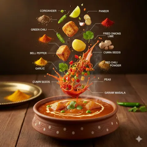 Hyper-realistic Indian curry ingredients floating infographic