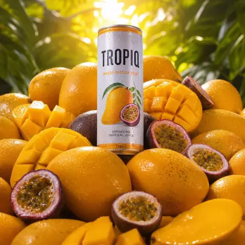 Hyper-realistic mango and passion fruit drink product photography