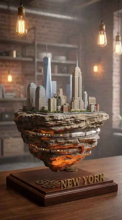 Hyper-realistic miniature city on suspended rocks