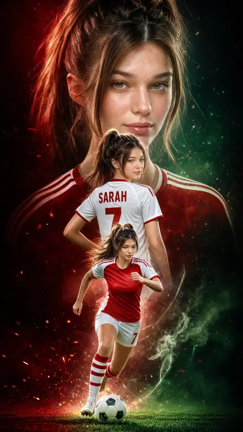 Hyper-realistic movie-level female football player promotional poster