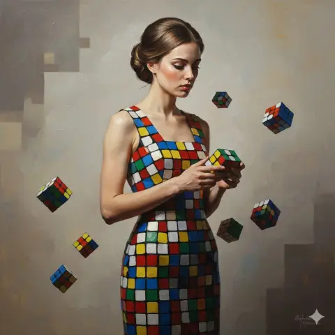 Hyper-realistic oil painting portrait of a girl in a Rubik's Cube skirt