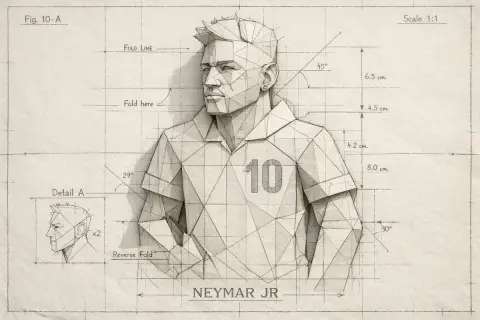 Hyper-realistic origami Neymar: geometric blueprint aesthetics