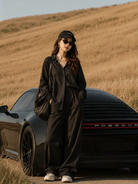 Hyper-realistic photography of black Porsche and fashionable women
