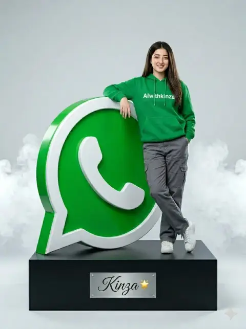 Hyper realistic portrait of woman in green sweatshirt with giant WhatsApp logo