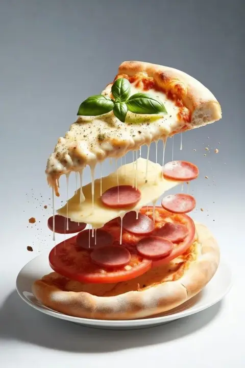 Hyper-realistic suspended deconstructed pizza, tempting brushed food photography
