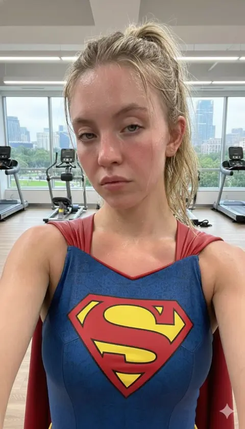 Hyperrealistic blonde superhero girl wearing a red cape