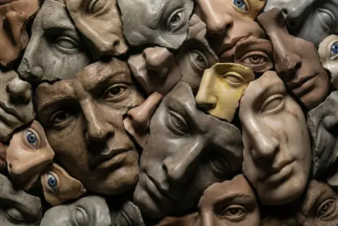 Hyperrealistic broken face sculpture collage