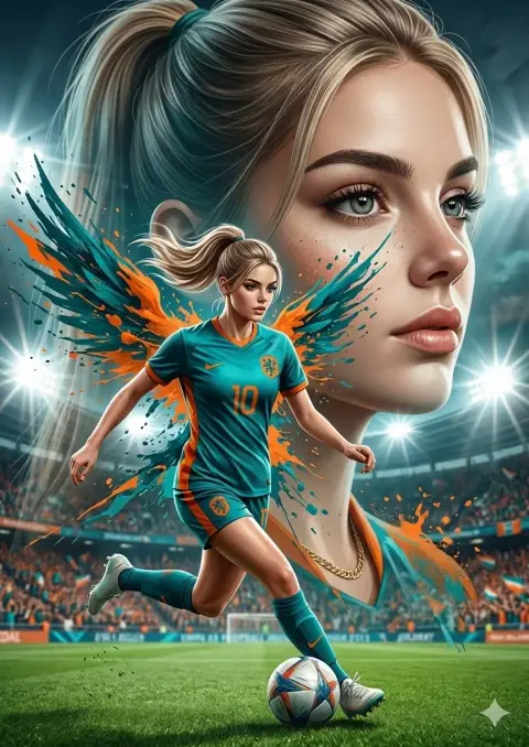 Hyperrealistic double exposure soccer girl art poster