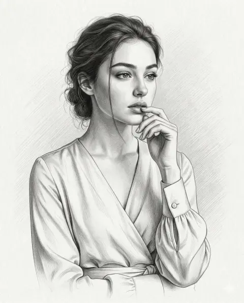 Hyperrealistic graphite pencil bust of pensive woman