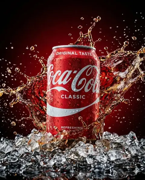 Ice cold Coca-Cola can water drop splash visual