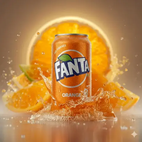 Ice-cold Fanta orange juice can freezes the moment of splashing