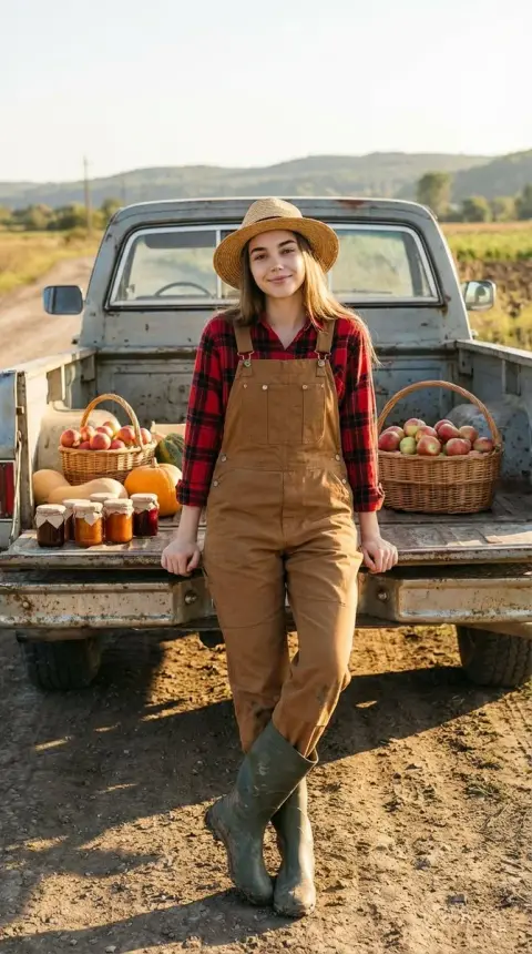 Idyllic realistic photography of leaning on a pickup truck under the warm golden sun