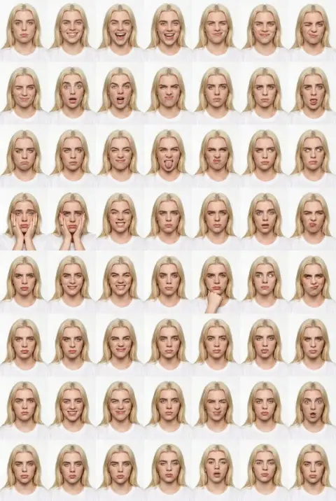 Illustrated illustration of multi-faceted male expressions under a pure white studio