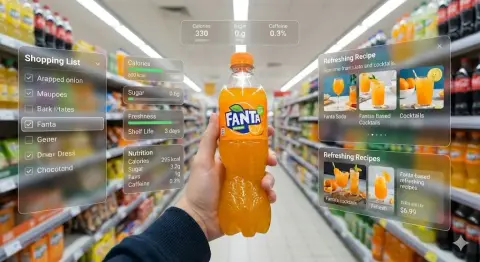 Immersive future supermarket, holographic AR interface for purchasing Fanta soda