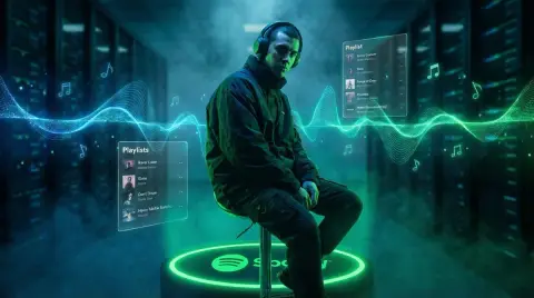 Immersive music portrait under neon green light