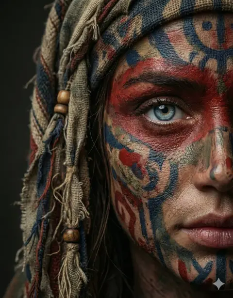 Incredible close-up portrait of tribal painted woman