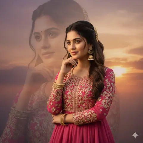 Indian beauty under sunset double exposure