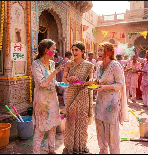 Indian girl filled with colored powder during Holi festival