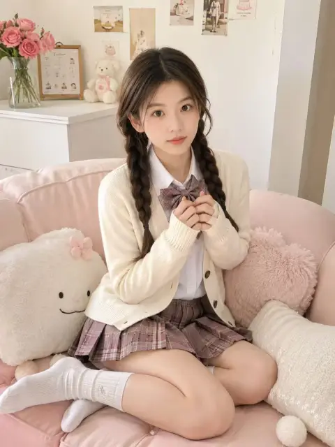 Indoor portrait of Japanese-style campus girl with double ponytails