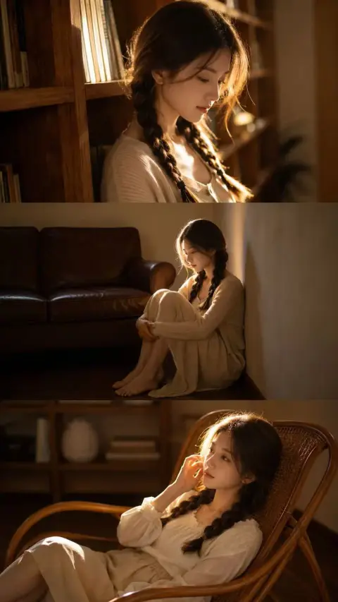 Indoor warm-toned cinematic triptych portrait photography