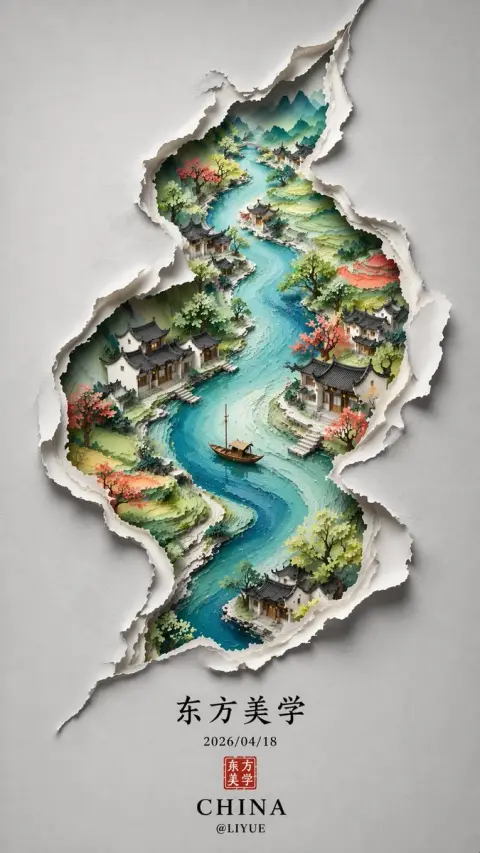 Ink Oriental Landscape Painting in the Crack