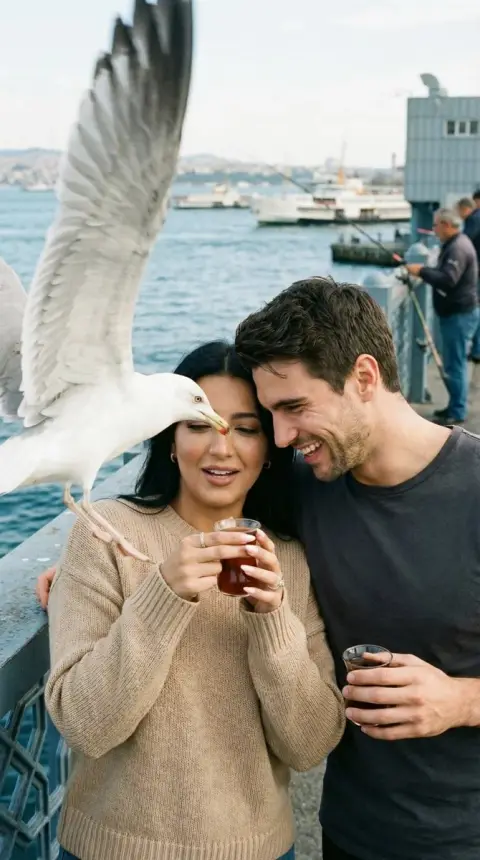 Interesting moments of seagulls and lovers on Galata Bridge in Istanbul