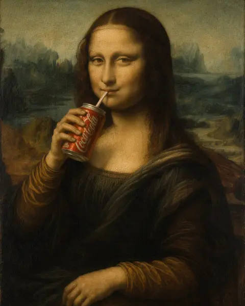 Interesting oil painting of Mona Lisa drinking Coke