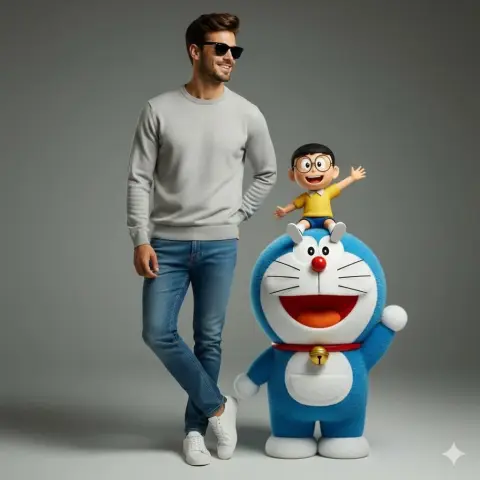 Interesting photo of fashionable man and 3D Doraemon Nobita