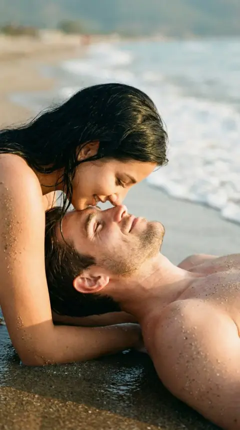 Intimate close-up on the beach, film texture romantic