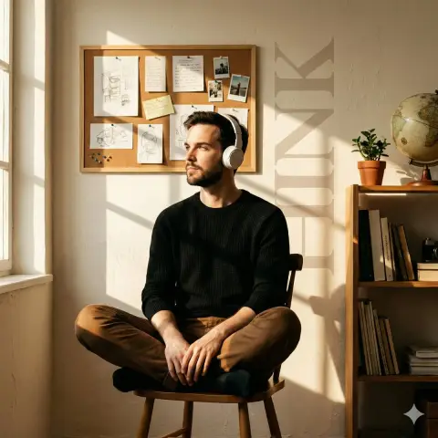 Introspective literary young man wearing headphones under golden light and shadow