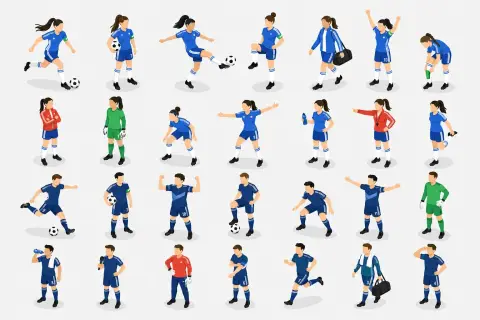 Isometric perspective minimalist vector football player character pose table