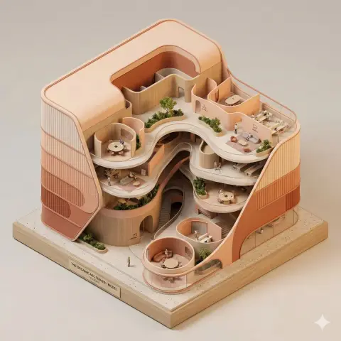 Isometric section model of organic streamlined office building
