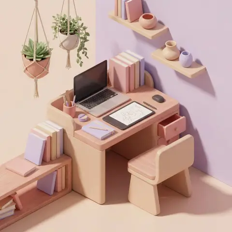 Isometric soft office space with dreamy weightlessness