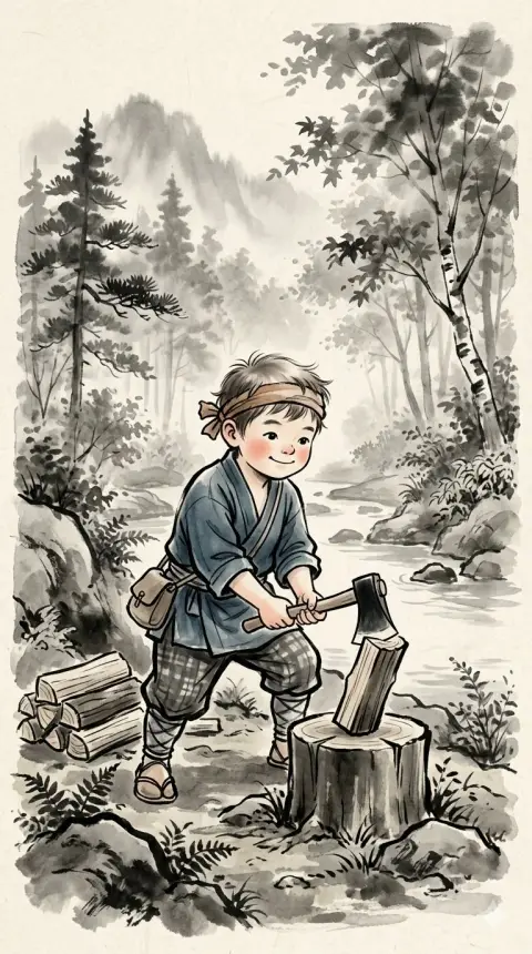 Japanese ink hand-painted forest children's illustration