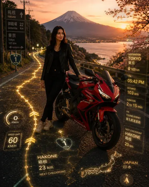 Japanese mountain road red sports car movie-level adventure travel poster