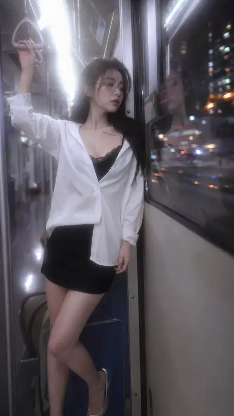 Japanese photos of Chinese Internet celebrity girl on the last train late at night