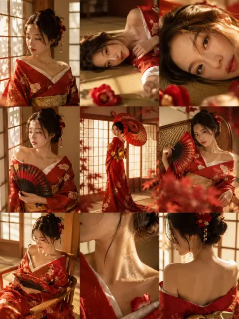 Japanese style room warm red kimono business photo shoot