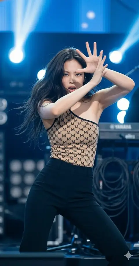Jennie in stage rehearsal: charming shimmer and high street style