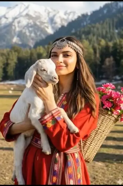 Kashmiri girl hugging white goat under Himalayan sunset