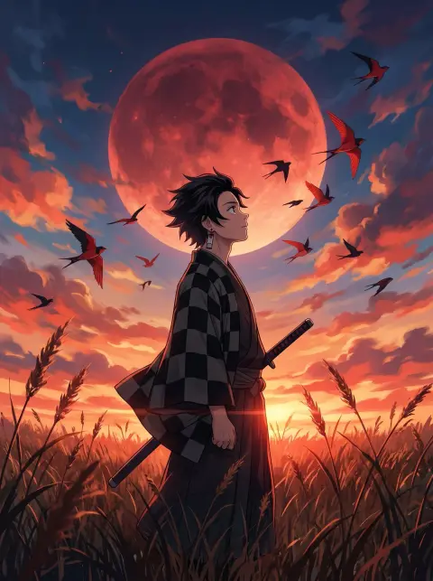 Kimono anime samurai above the wasteland of the red moon