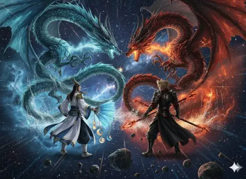 Kong Ming holding the talisman feather fan duels with Zhongda's interstellar dragon