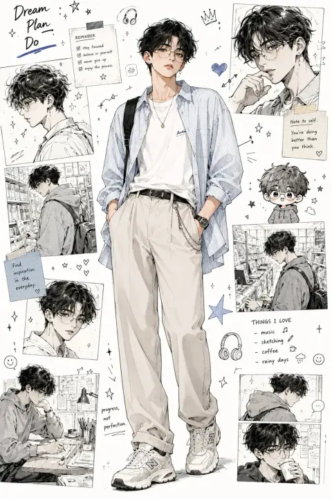 Korean boy anime fashion mood board design