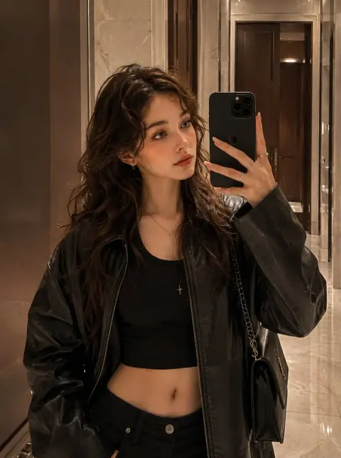 Korean fashion blogger takes selfie in front of luxury hotel mirror