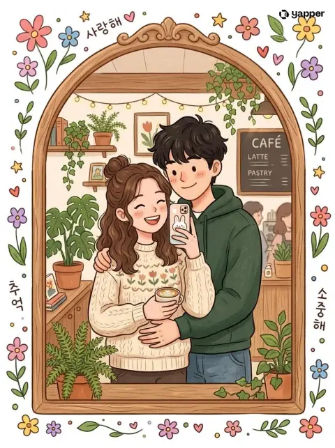 Korean fresh hand-painted style couple selfie illustration