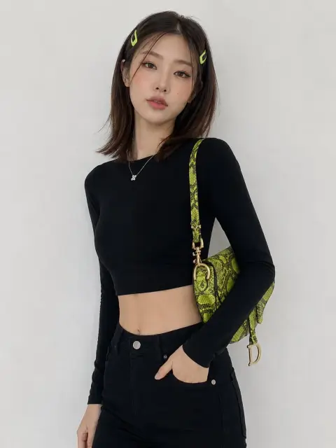 Korean girl and lime green snake print bag photography