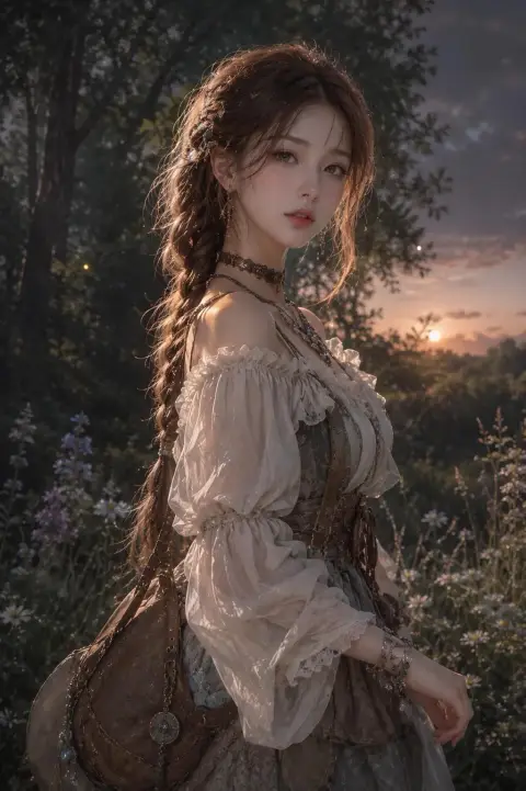 Korean girl with braided hair in the twilight forest