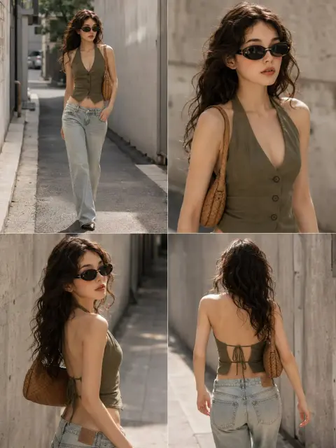 Korean Street Fashion Photo Olive Green Backless Jeans
